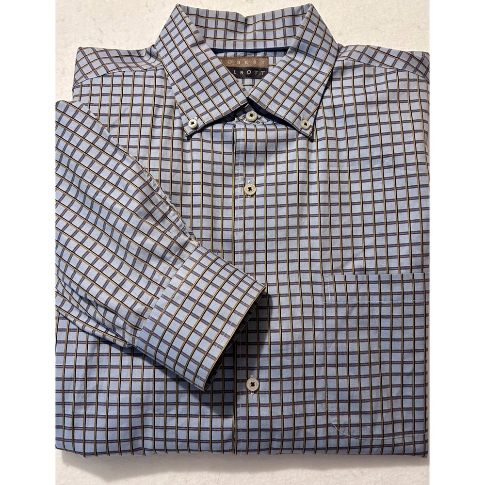 Robert Talbott Mens XL Blue Brown Windowpane Check Button Dress Shirt Cotton